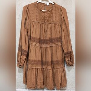 Long-Sleeve Pintucked Clip-Dot Mini Swing Dress Women's Size Small